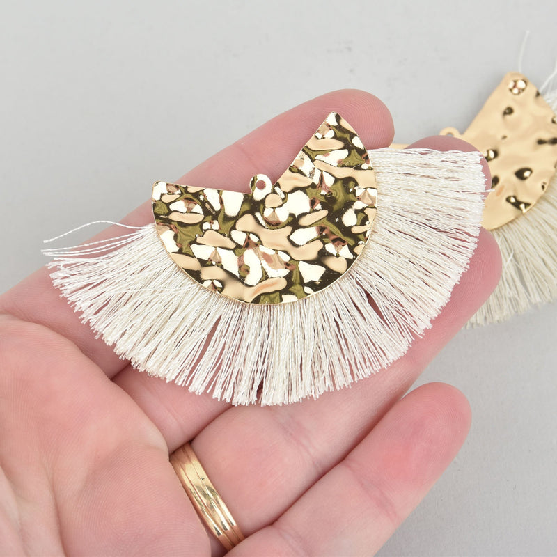 2 Fan Tassel Charms WHITE CREAM Fringe with Hammered Gold Wedge 3" wide chs5405