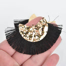 2 Fan Tassel Charms BLACK Fringe with Hammered Gold Wedge 3" wide chs5408
