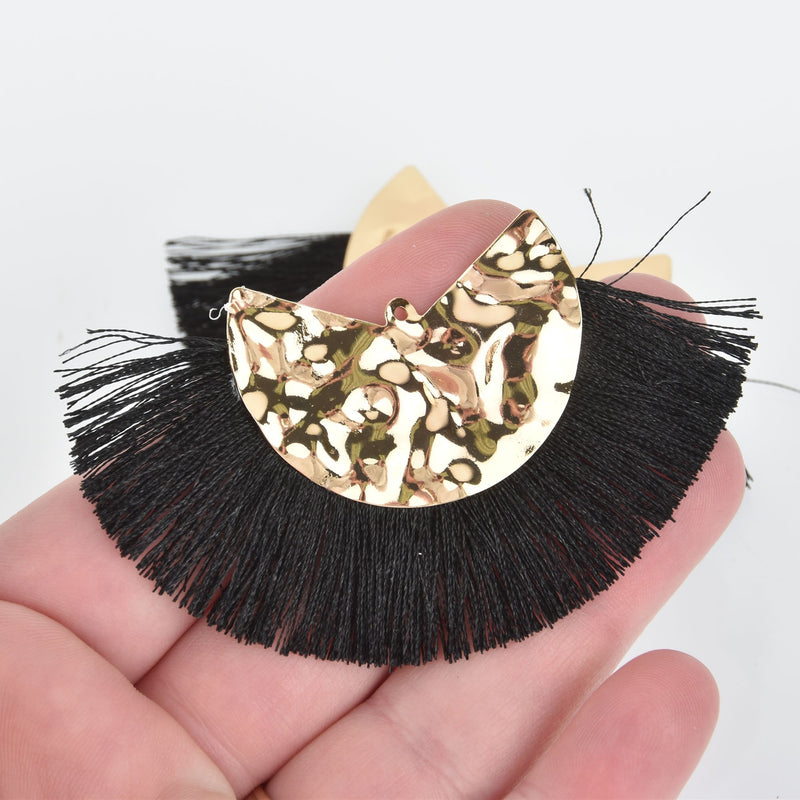 2 Fan Tassel Charms BLACK Fringe with Hammered Gold Wedge 3" wide chs5408