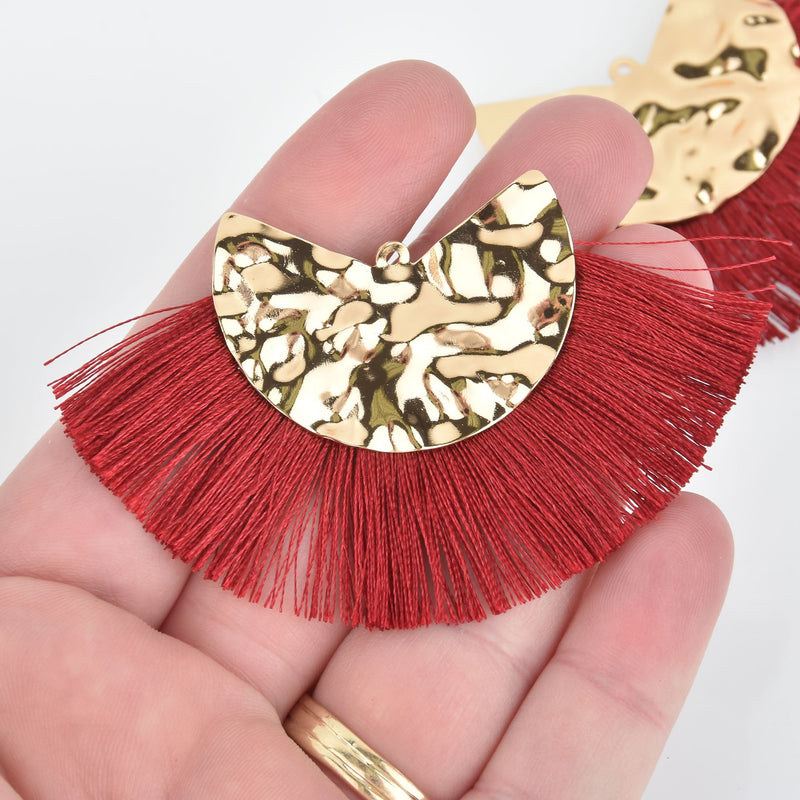 2 Fan Tassel Charms DARK RED Fringe with Hammered Gold Wedge 3" wide chs5409