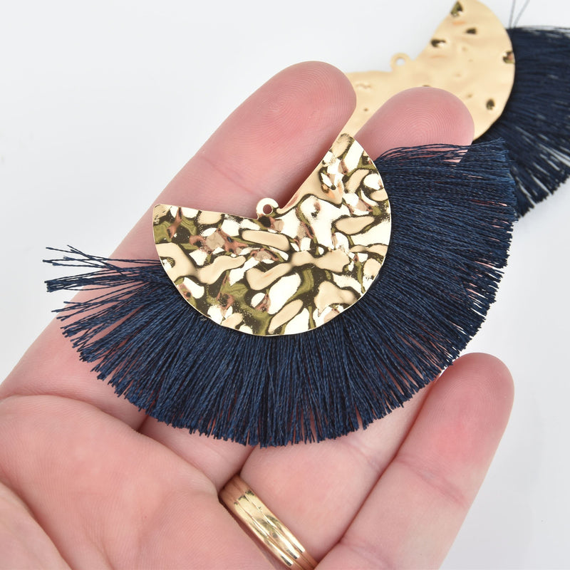 2 Fan Tassel Charms NAVY BLUE Fringe with Hammered Gold Wedge 3" wide chs5410