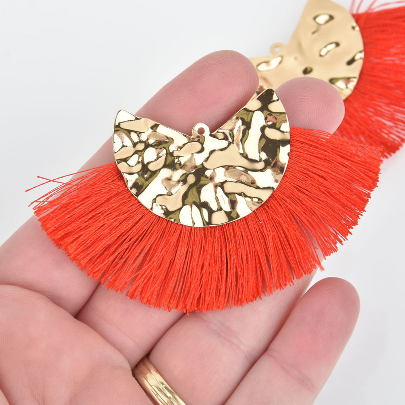 2 Fan Tassel Charms RED Fringe with Hammered Gold Wedge 3" wide chs5411