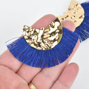 2 Fan Tassel Charms ROYAL BLUE Fringe with Hammered Gold Wedge 3" wide chs5413