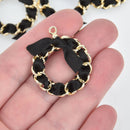 5 BLACK Ribbon Bow Charms with Gold Plated Circle Ring, 1-3/8" chs5414
