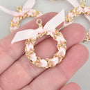 5 PINK Ribbon Bow Charms with Gold Plated Circle Ring, 1-3/8" chs5415