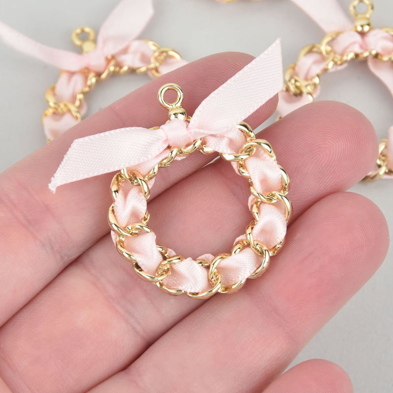 5 PINK Ribbon Bow Charms with Gold Plated Circle Ring, 1-3/8" chs5415