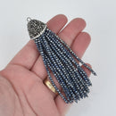 MIDNIGHT BLUE CRYSTAL Tassel Pendant, Micro Pave Tassel Necklace Enhancer, Glass Beads, Rhinestone Bail, about 4" long, chs5422