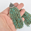 TURQUOISE GREEN CRYSTAL Tassel Pendant, Micro Pave Tassel Necklace Enhancer, Glass Beads, Rhinestone Bail, about 4" long, chs5424