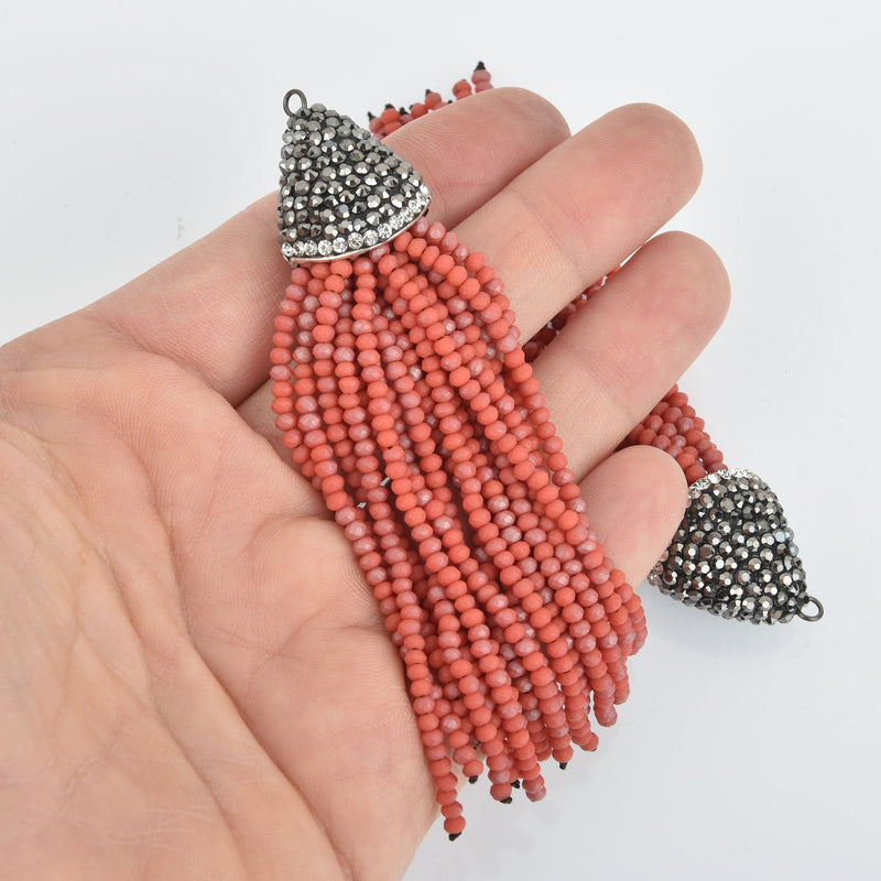 Matte CORAL RED CRYSTAL Tassel Pendant, Micro Pave Tassel Necklace Enhancer, Glass Beads, Rhinestone Bail, about 4" long, chs5427