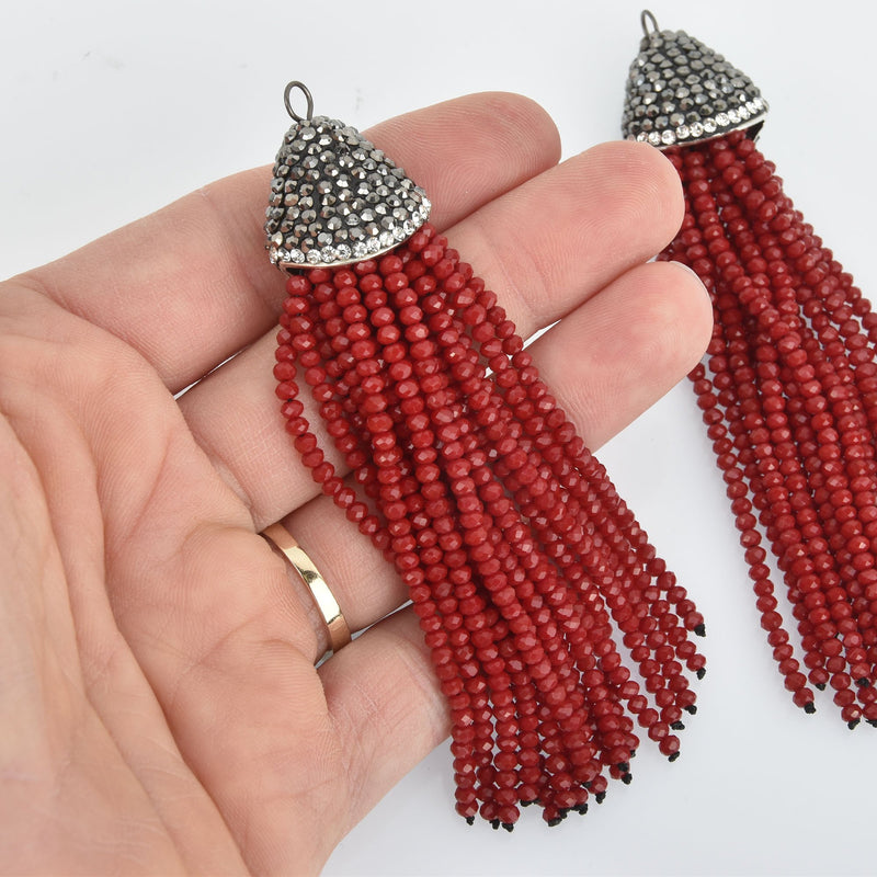 MAROON RED CRYSTAL Tassel Pendant, Micro Pave Tassel Necklace Enhancer, Glass Beads, Rhinestone Bail, about 4" long, chs5428