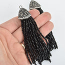 BLACK CRYSTAL Tassel Pendant, Micro Pave Tassel Necklace Enhancer, Glass Beads, Rhinestone Bail, about 4" long, chs5430