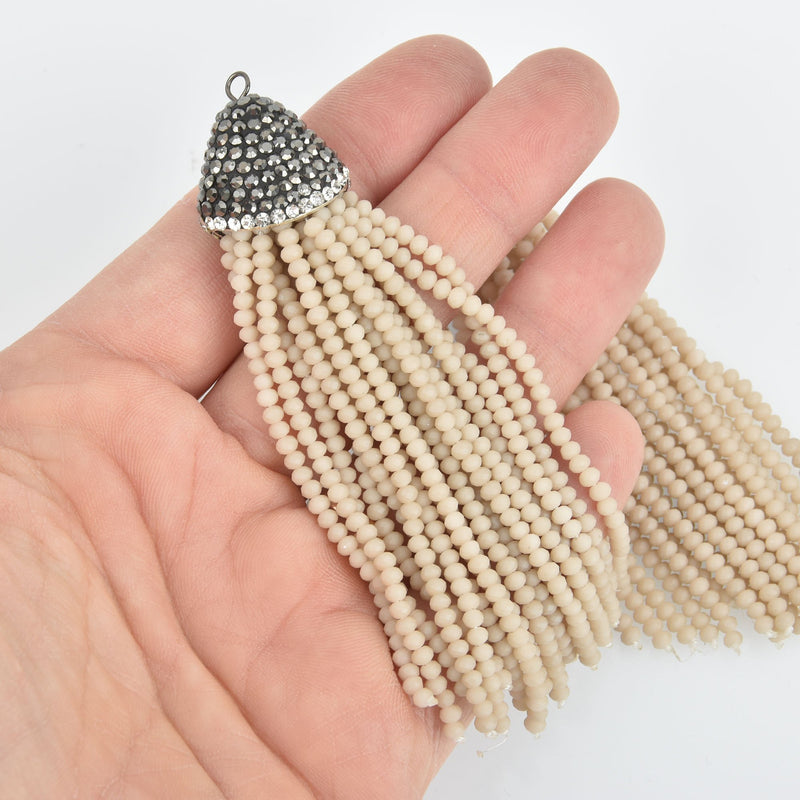 Matte BEIGE CREAM CRYSTAL Tassel Pendant, Micro Pave Tassel Necklace Enhancer, Glass Beads, Rhinestone Bail, about 4" long, chs5431