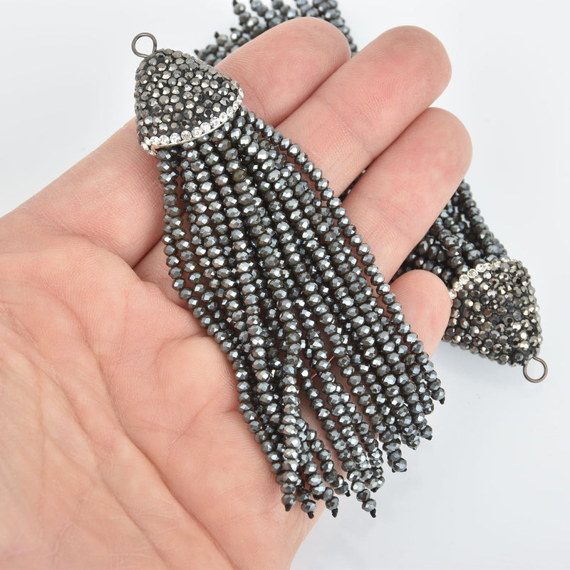 HEMATITE CRYSTAL Tassel Pendant, Micro Pave Tassel Necklace Enhancer, Glass Beads, Rhinestone Bail, about 4" long, chs5433
