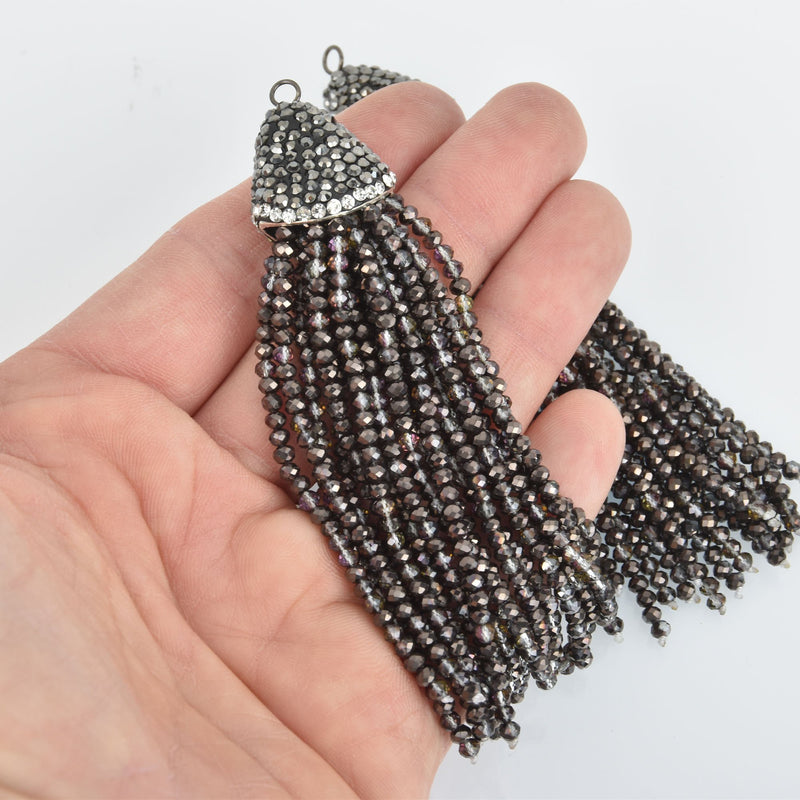 BLACK VITRAIL CRYSTAL Tassel Pendant, Micro Pave Tassel Necklace Enhancer, Glass Beads, Rhinestone Bail, about 4" long, chs5434