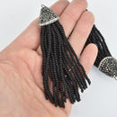 MATTE BLACK CRYSTAL Tassel Pendant, Micro Pave Tassel Necklace Enhancer, Glass Beads, Rhinestone Bail, about 4" long, chs5435