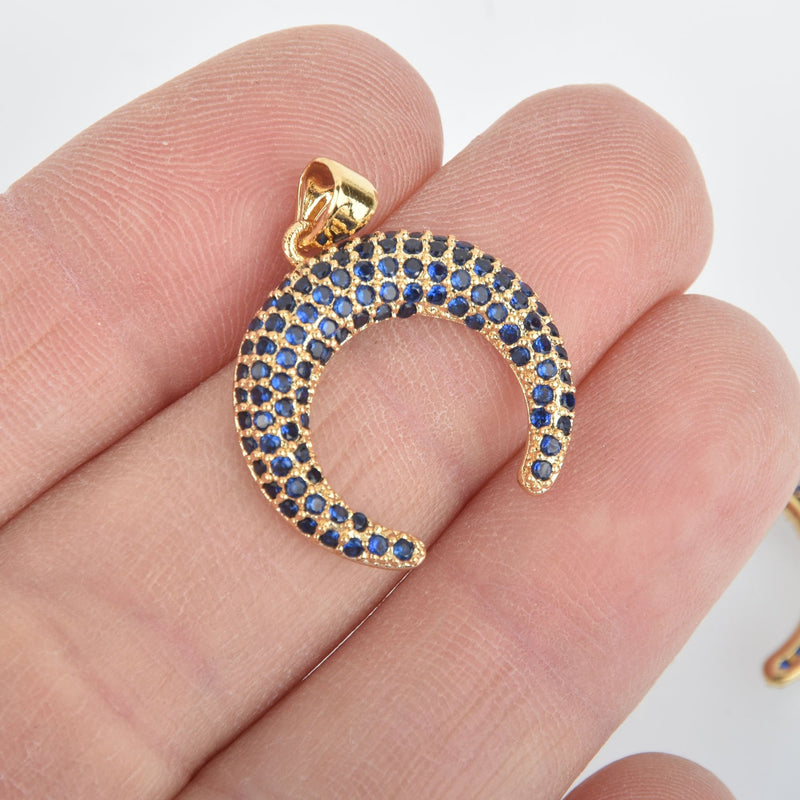 Gold and Blue Double Horn Micro Pave Rhinestone CZ Charm 27x20mm, chs5437