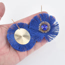 2 Fan Tassel Charms BLUE Fringe with Crystal and Gold Circle 2.5" wide chs5444