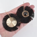 2 Fan Tassel Charms BLACK Fringe with Crystal and Gold Circle 2.5" wide chs5445