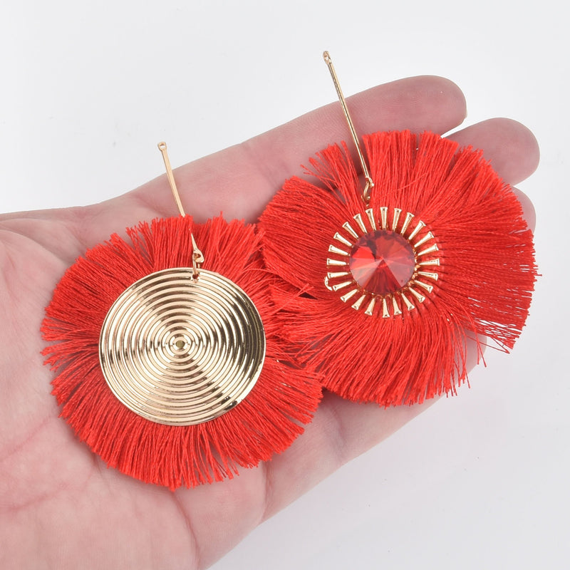 2 Fan Tassel Charms RED Fringe with Crystal and Gold Circle 2.5" wide chs5446