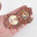 2 Fan Tassel Charms RAINBOW Fringe with Crystal and Gold Circle 2.5" wide chs5447