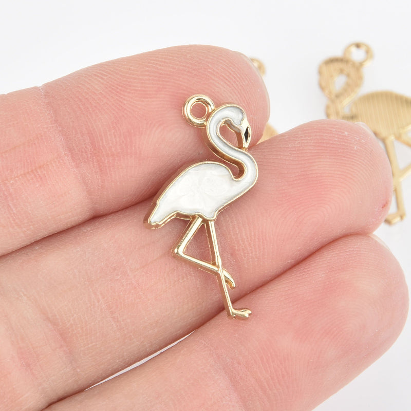 10 FLAMINGO Charms, WHITE PEARL Enamel and Gold plating, gold charms, chs5449