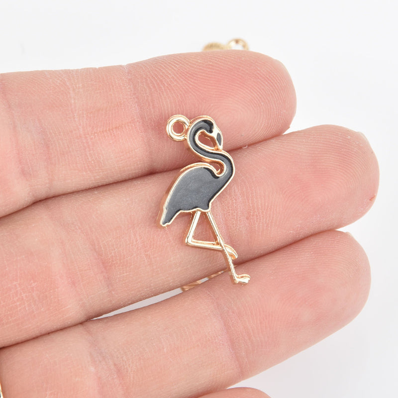 10 FLAMINGO Charms, BLACK Enamel and Gold plating, gold charms, chs5450