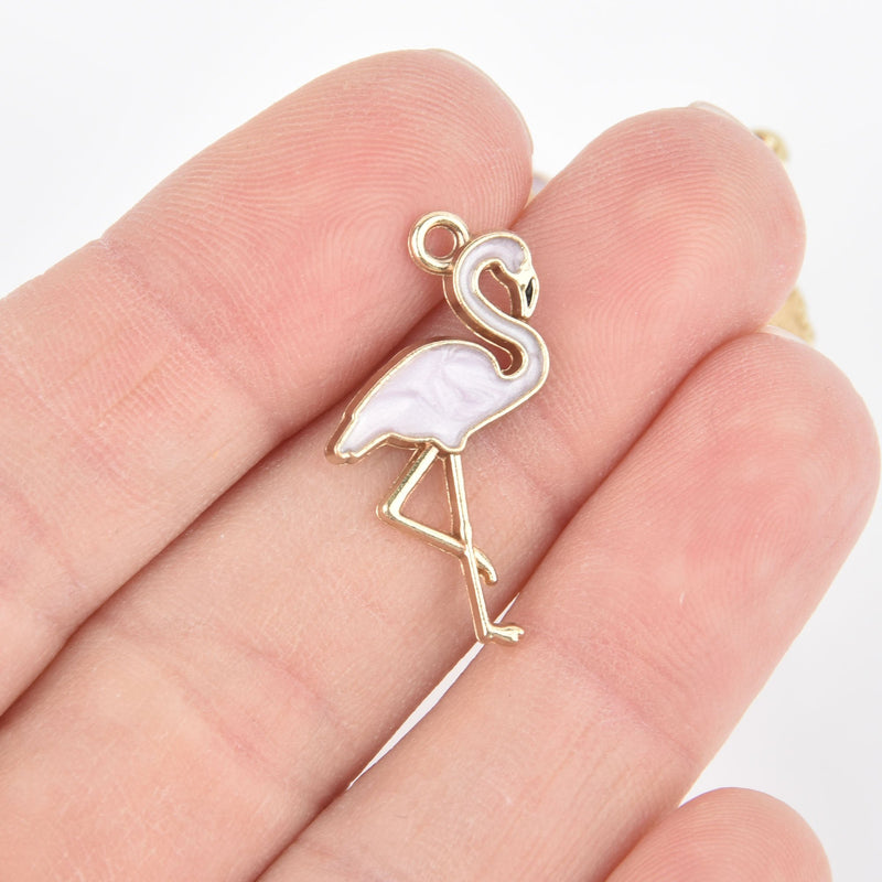 10 FLAMINGO Charms, PINK PEARL Enamel and Gold plating, gold charms, chs5451