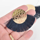 2 Fan Tassel Charms NAVY BLUE Fringe with Pebble Gold Circle 2.75" wide chs5460