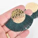 2 Fan Tassel Charms HUNTER GREEN Fringe with Pebble Gold Circle 2.75" wide chs5461