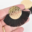 2 Fan Tassel Charms BLACK Fringe with Pebble Gold Circle 2.75" wide chs5464