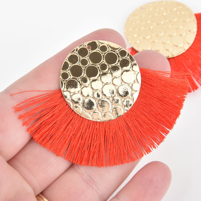 2 Fan Tassel Charms BRIGHT RED Fringe with Pebble Gold Circle 2.75" wide chs5466