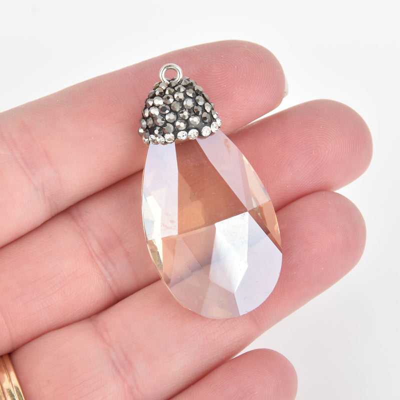 Champagne Glass Crystal Teardrop Charm with rhinestone micro pave bead cap, 1-3/4" long chs5468