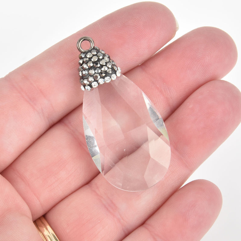 Clear Crystal Teardrop Charm Drop Pendant, rhinestone micro pave bead cap, 1-3/4" chs5470
