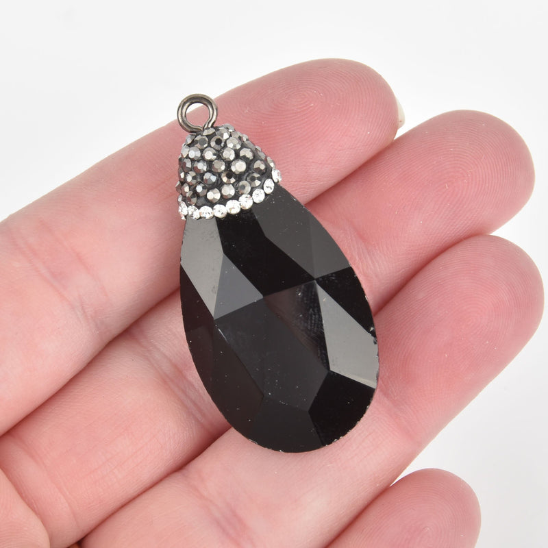 Black Crystal Teardrop Charm Pendant with rhinestone micro pave bead cap, 1-3/4" chs5471
