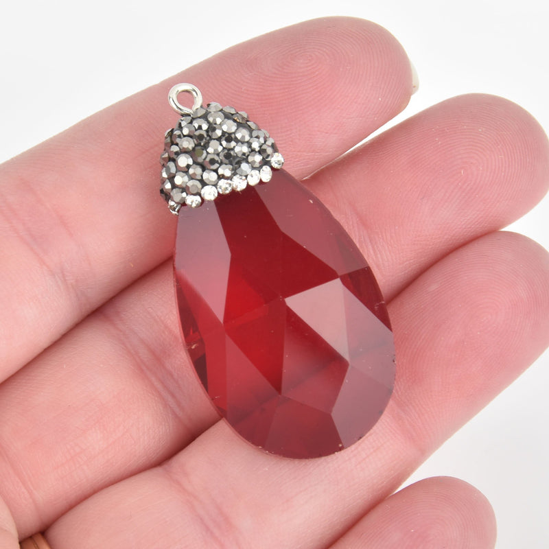 Red Crystal Teardrop Charm Drop Pendant with rhinestone micro pave bead cap, 1-3/4" chs5472