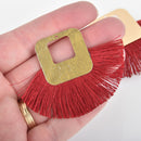 2 Fan Tassel Charms MAROON RED Fringe with Open Gold Square 2.5" wide chs5476