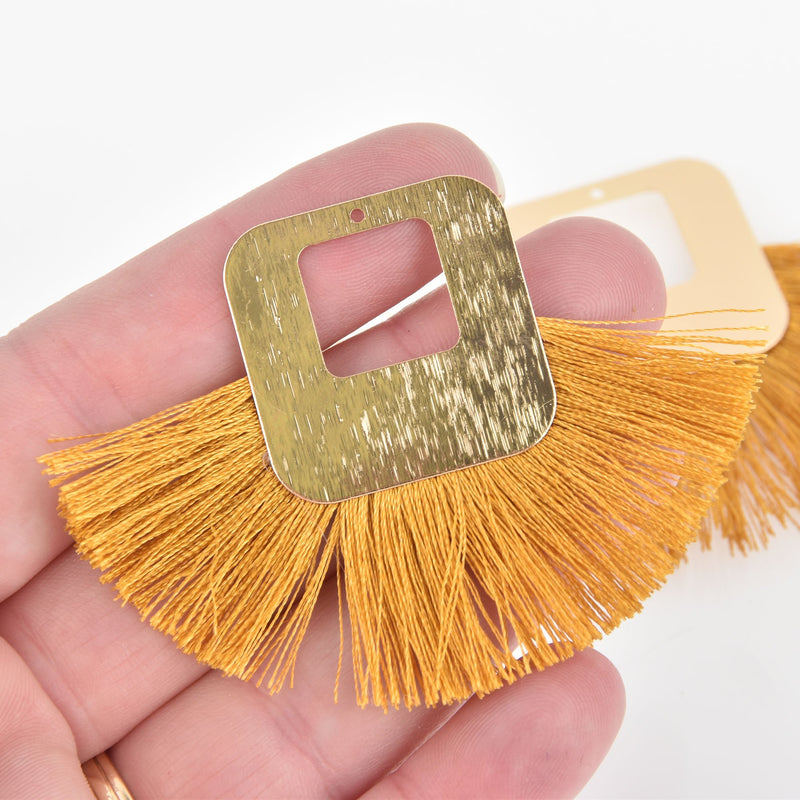 2 Fan Tassel Charms GOLDENROD YELLOW Fringe with Open Gold Square 2.5" wide chs5477