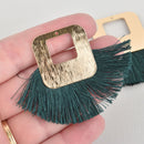 2 Fan Tassel Charms HUNTER GREEN Fringe with Open Gold Square 2.5" wide chs5479