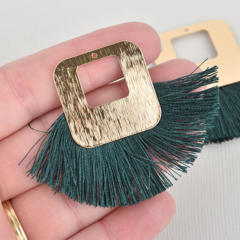 2 Fan Tassel Charms HUNTER GREEN Fringe with Open Gold Square 2.5" wide chs5479