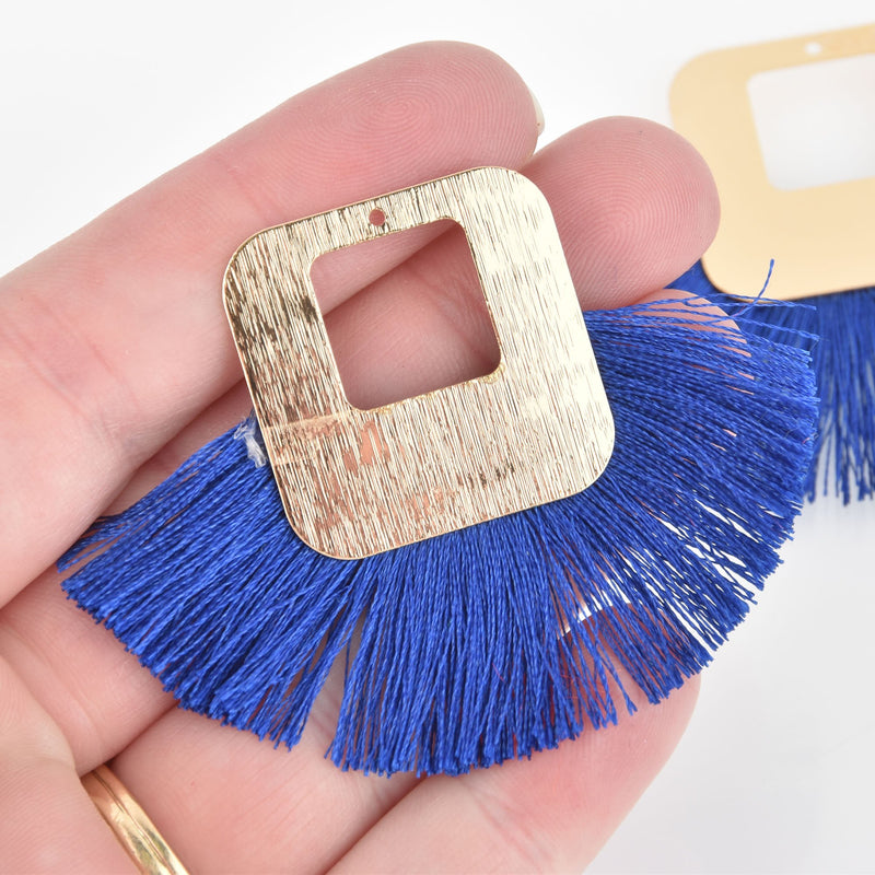 2 Fan Tassel Charms ROYAL BLUE Fringe with Open Gold Square 2.5" wide chs5480