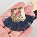2 Fan Tassel Charms NAVY BLUE Fringe with Open Gold Square 2.5" wide chs5481