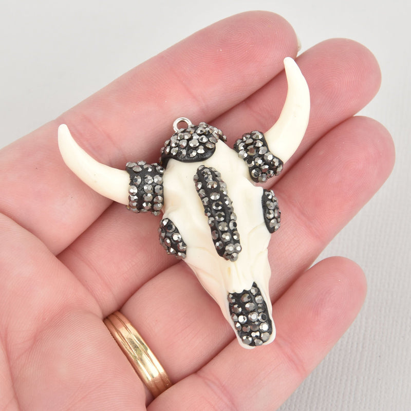 BULL SKULL Micro Pave Charm, Black Gunmetal and White with Rhinestones, 2" chs5486
