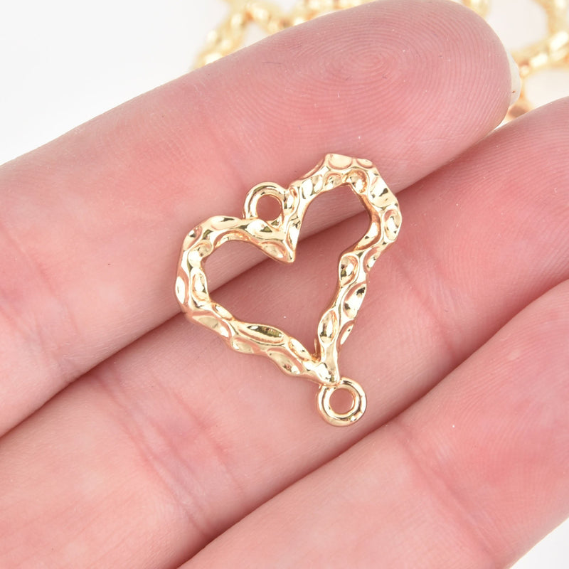10 Gold Plated HEART Charms Hammered Metal, Connector Charms, 22mm chs5487