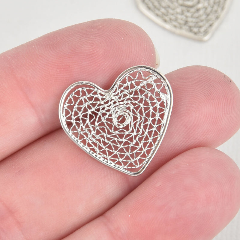 Lace FILIGREE HEART Charms, 2 of Gold or Silver, Dream Catcher Woven 21mm