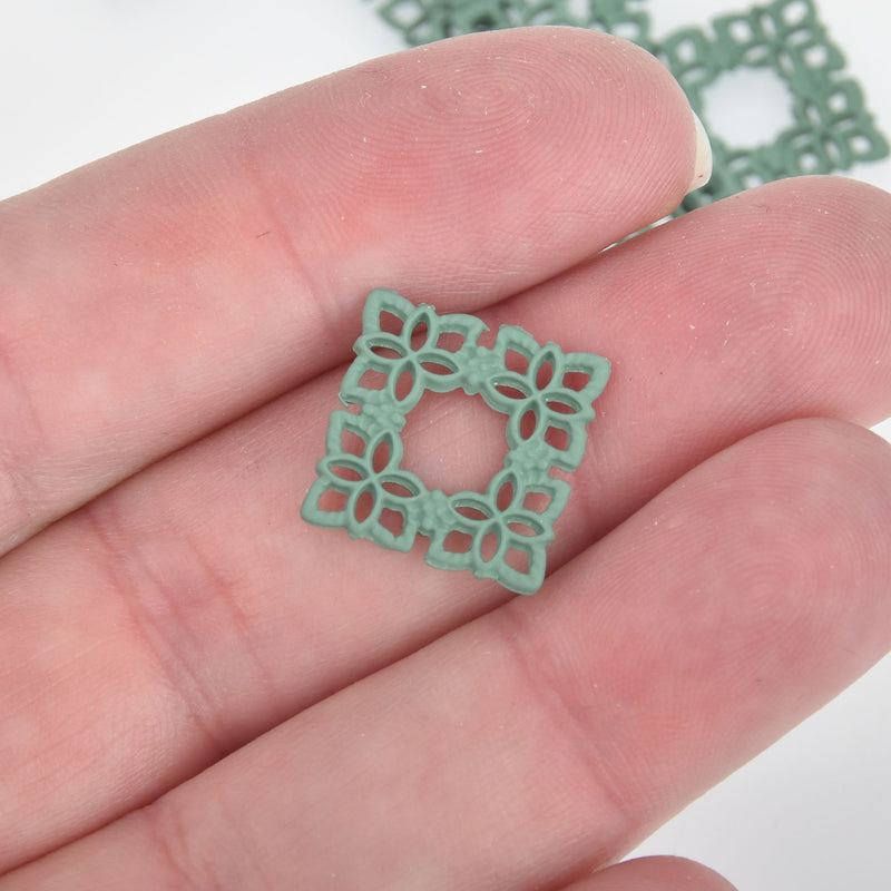 10 Square Green Filigree Charms Enamel Connector Charms, 15mm chs5494