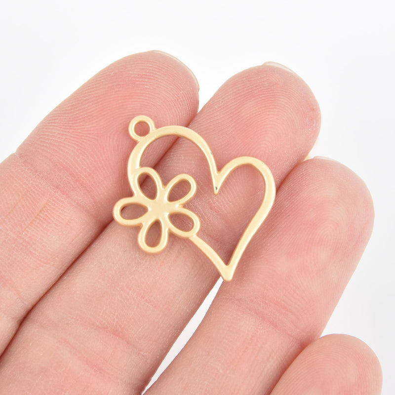 10 Matte Gold HEART FLOWER Charms, 24mm chs5500