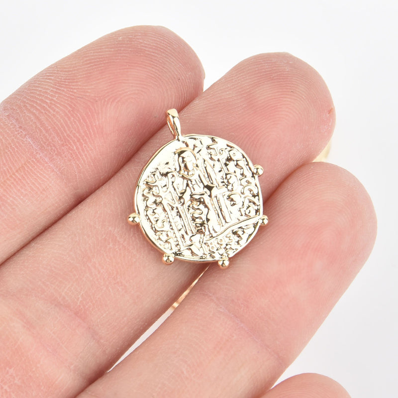 2 Light Gold Coin Relic Charm Pendants, 14k gold plated round coin charms 20mm chs5501