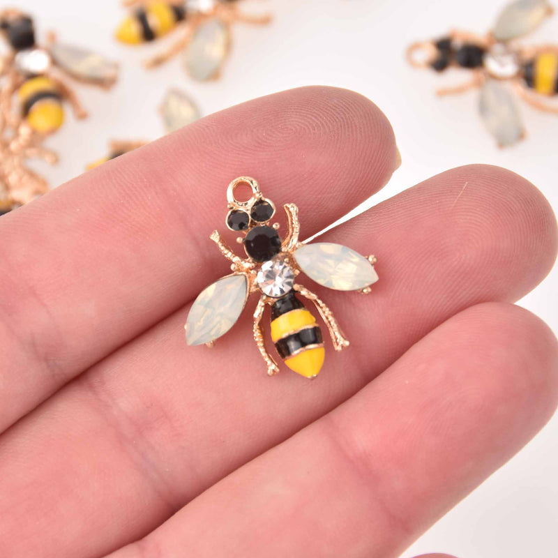 2 Rhinestone Bee Charms, Gold plated with Crystals, chs5505