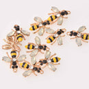 2 Rhinestone Bee Charms, Gold plated with Crystals, chs5505