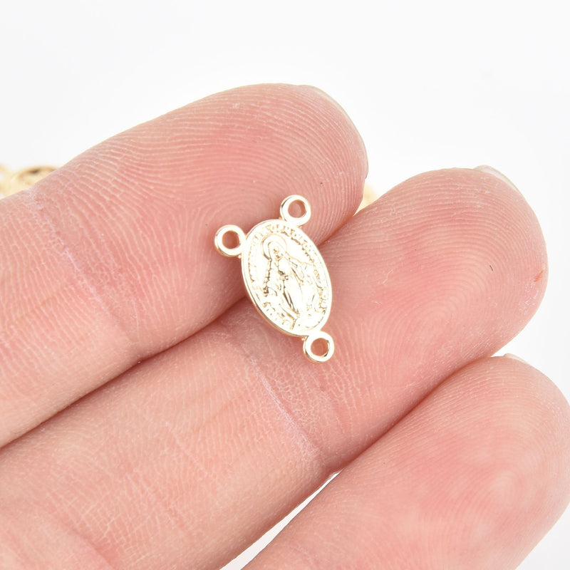 2 Gold Rosary Charms Tri-Piece Connector Link, 14kt plated Oval Patron Saint 14mm, chs5511
